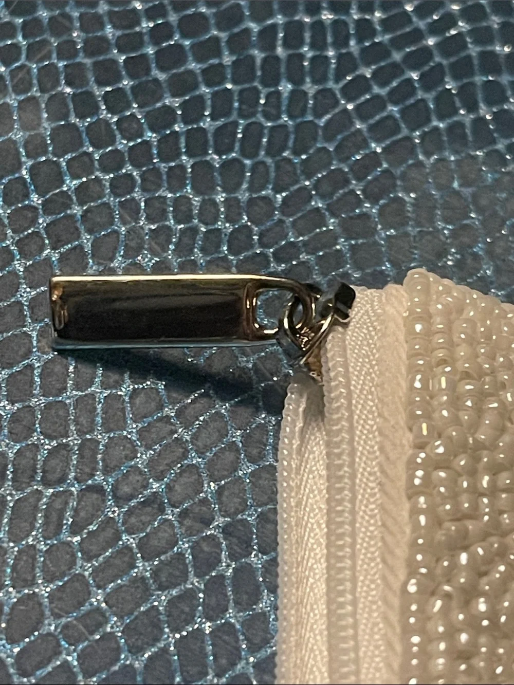 Something “Blue”- Beaded 'Mrs' Zip Pouch - Cream with Blue Script. Beaded pearl